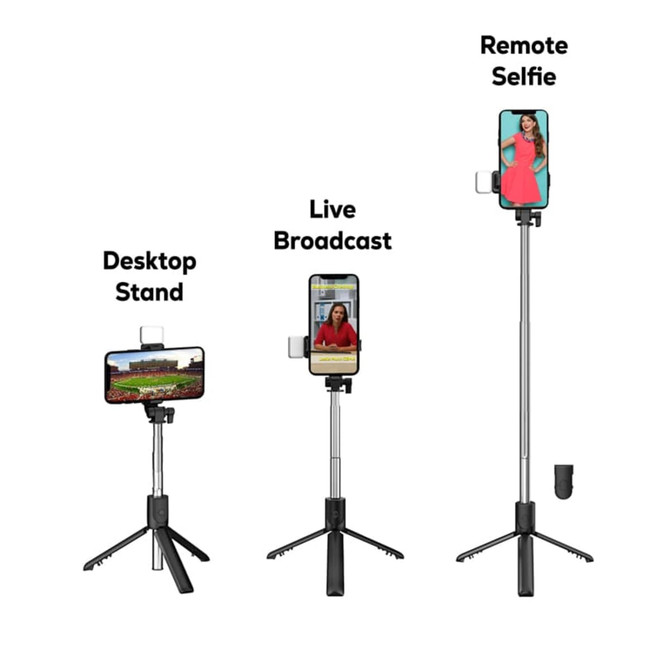 A multi-functional LED selfie stand with adjustable heights, featuring a smartphone holder and tripod legs.