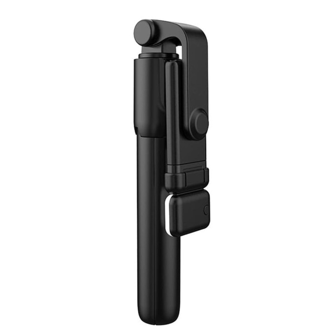 A black selfie stick with a collapsible design and a button for taking photos. It features a logo.
