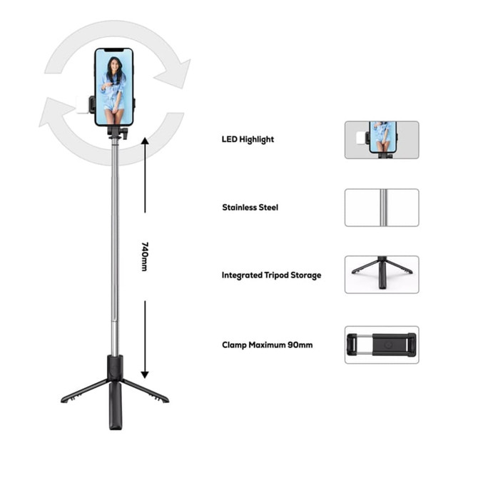 A stainless steel selfie stand with LED highlight and adjustable clamp for smartphones. Features integrated tripod storage.