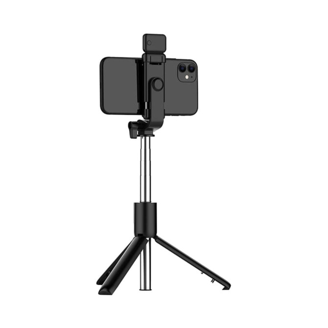 A black LED selfie stand with a smartphone attached, featuring an adjustable tripod base.
