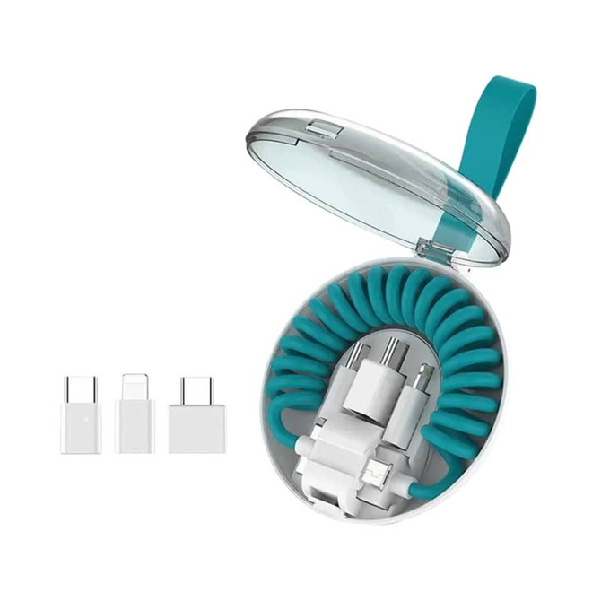 A teal charging cable kit in a clear case, featuring multiple USB Type-C connectors and adapters.