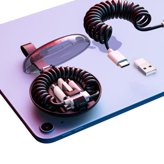 A coiled black Type-C charge cable kit in a round case, with a USB connector and a charging end.