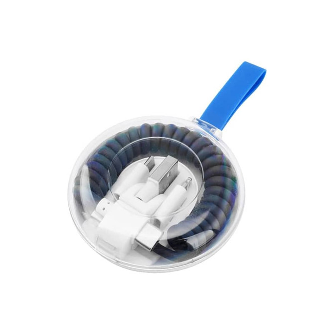 A Type-C charge cable kit in a circular case with a blue handle, featuring a spiral design in multiple colours.