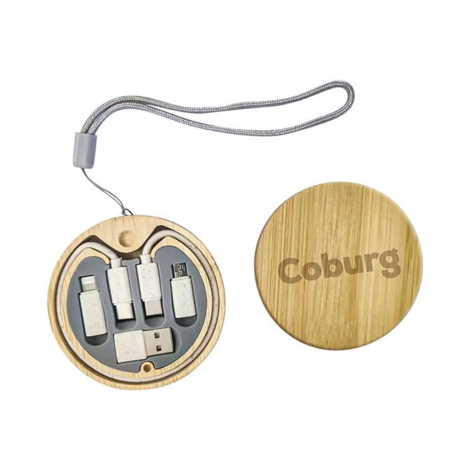 A circular bamboo case with a logo, containing multiple charging cables in grey and white.