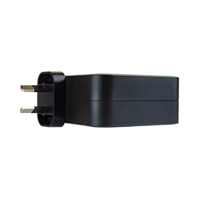 A black 100 Watt GaN quick charger with prongs for plugging into a power outlet. It features a simple design and has a logo.