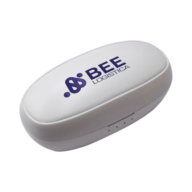 A white charging case for earbuds with a logo on the top, featuring a rounded design.