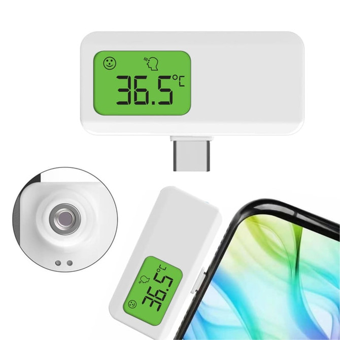 A white digital thermometer with a green display, designed to connect to a smartphone.