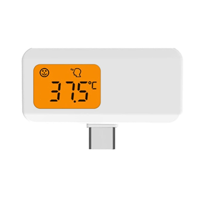 A white thermometer attachment with an orange display showing a temperature of 37.5°C. It includes a logo.