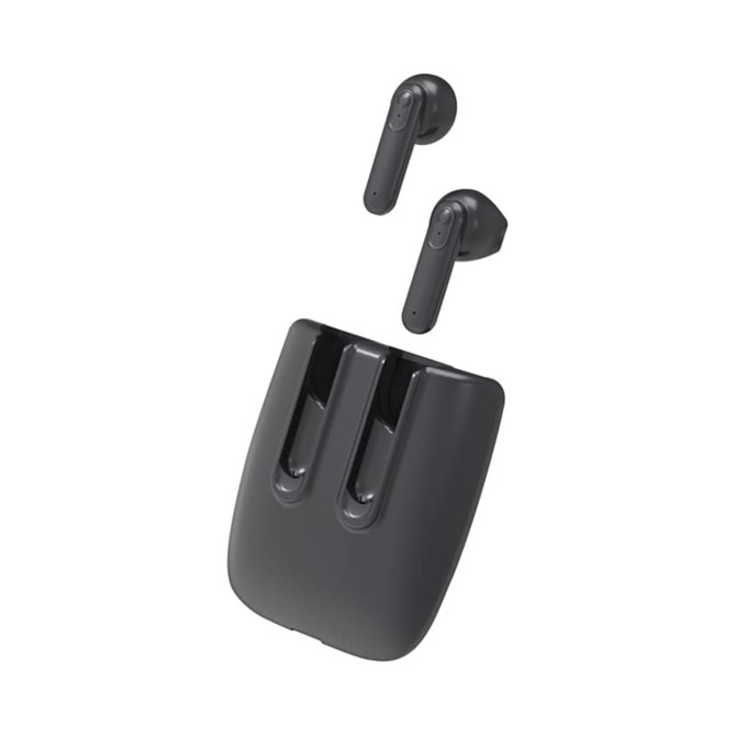 Magnetic black TWS earbuds with a charging case, featuring a sleek design and an accompanying logo.