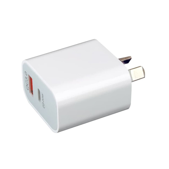 A white wall charger with multiple ports, featuring a sleek design and a branding logo.