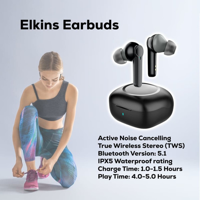 Active Noise Cancelling TWS earbuds with a sleek design, featuring a charging case. Available in black.