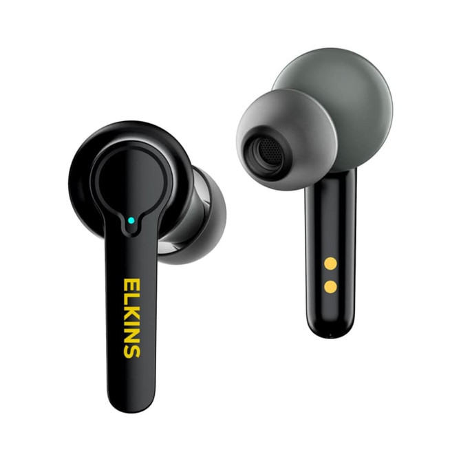 Active noise cancelling TWS earbuds in black and green, featuring a logo and sleek design.