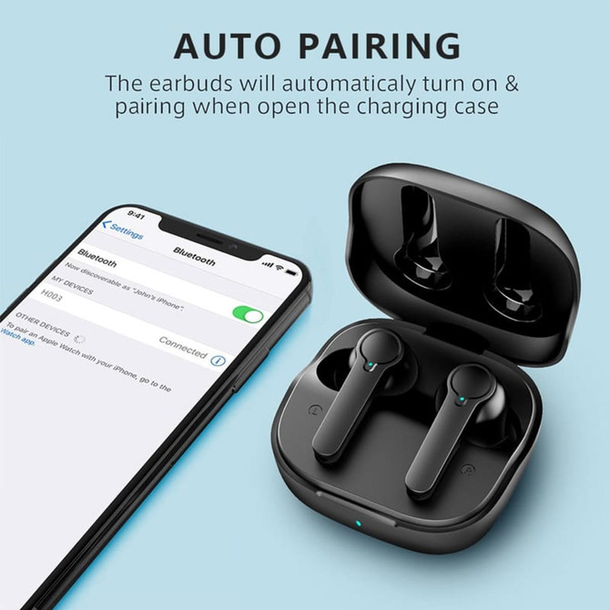 Active noise cancelling TWS earbuds in a black charging case, displayed alongside a smartphone showing Bluetooth settings.