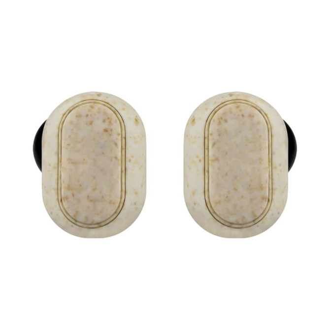 Eco-friendly TWS earbuds in a cream colour with a textured finish and black accents. Features a logo.