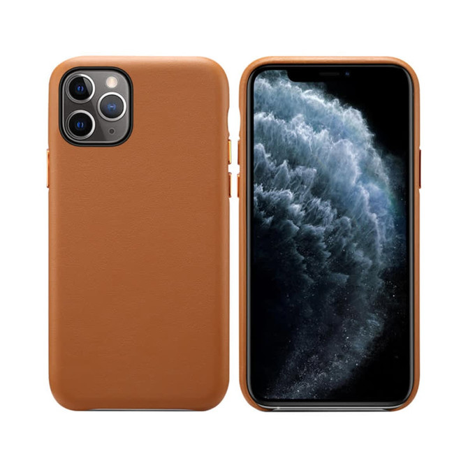 A tan PU iPhone case featuring a sleek design, showing both front and back views with a phone inside.