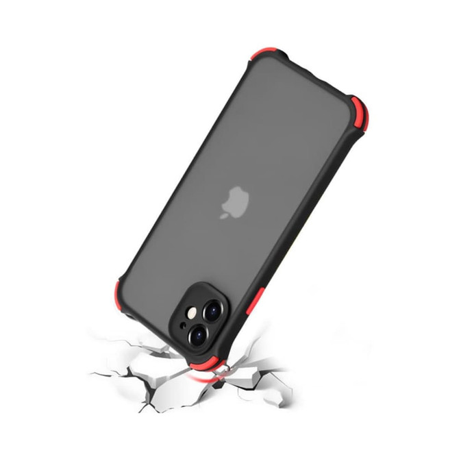 A rugged black and grey iPhone case with red accents, designed for durability, appearing against a cracked surface.