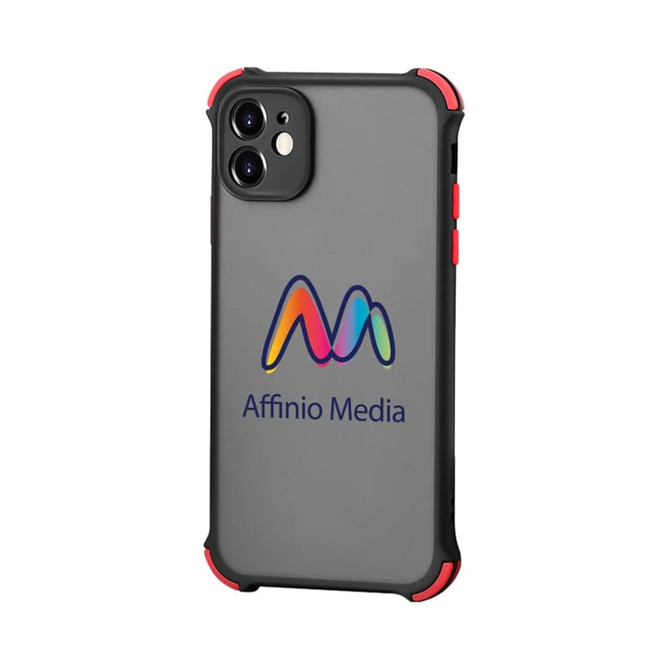 A rugged iPhone case in grey with red accents, featuring a logo on the back.