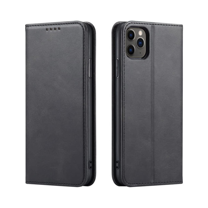 A black folio iPhone case with a textured finish, featuring openings for buttons and a camera, and a logo.