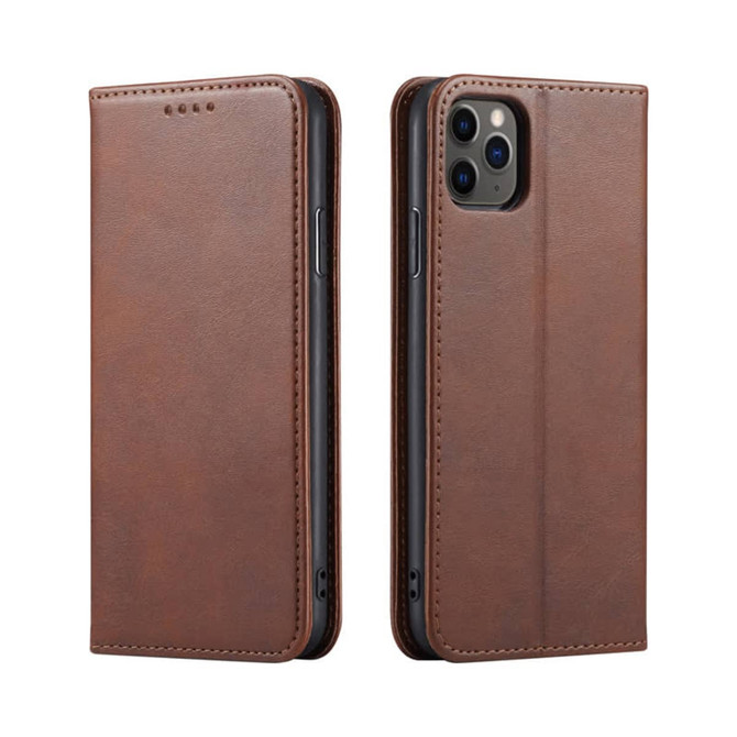 A brown leather iPhone case with a folio design, featuring a logo and openings for buttons and ports.