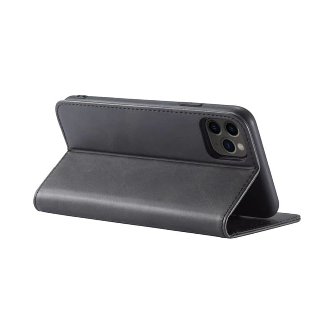 A black Bronte Folio iPhone case displayed upright, featuring a folding design and a simple branding logo.