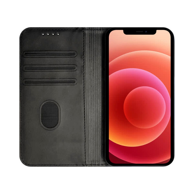 A dark green folio iPhone case with card slots, featuring an iPhone displayed inside.