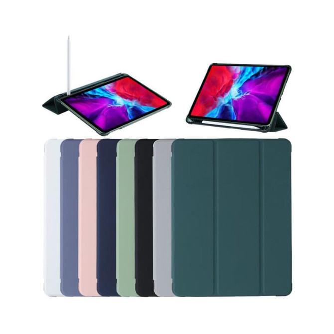 A collection of Brooks Folio iPad Cases in various colours, with one case displayed holding an iPad at an angle.