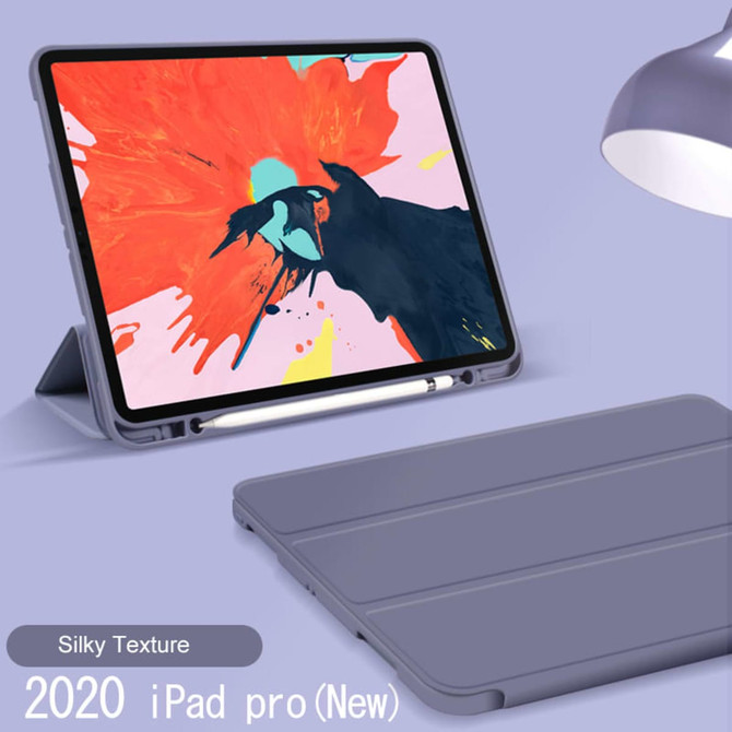 A sleek, grey Rover Folio iPad Case displayed with a vibrant artwork on the iPad, featuring a soft, silky texture.