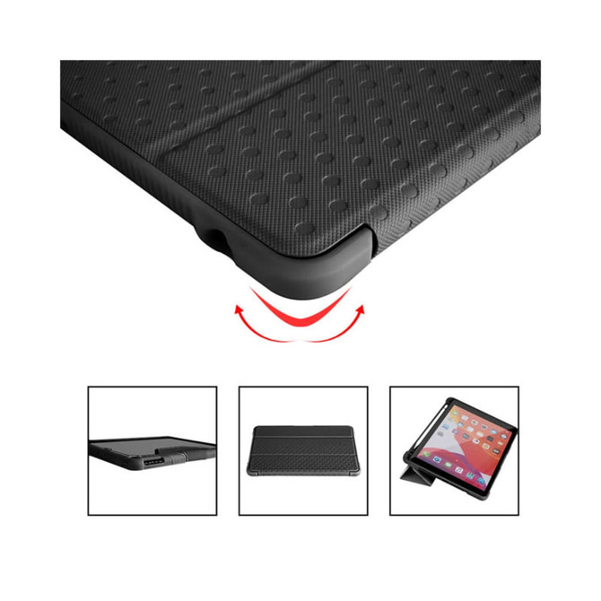 A rugged black iPad case with a textured surface and cutouts for ports, featuring a logo.