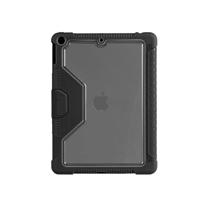 A rugged black iPad case featuring a textured grip and protective design, with a logo visible on the back.