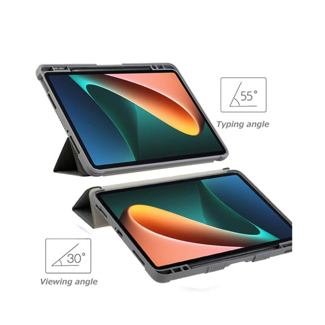 A rugged iPad case in grey and black, featuring adjustable angles for typing and viewing. It has a logo on the surface.