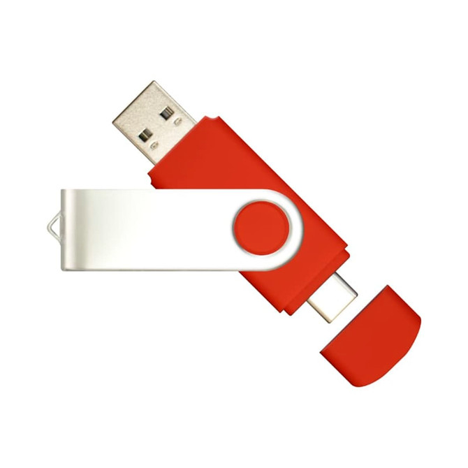 A red and silver Mix N Match Type-C flash drive with a swivel design and detachable cap.