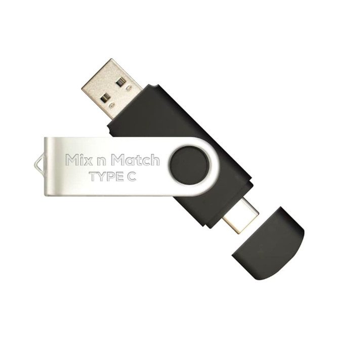 A Type-C flash drive in black and silver with a rotating design and a protective cap. It features a logo.