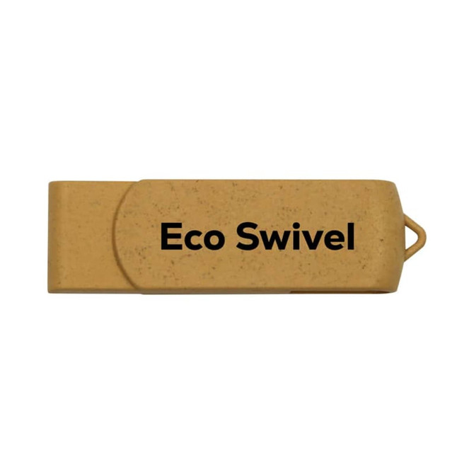 A gold eco-friendly swivel flash drive with a branding logo, featuring a smooth and sleek design.