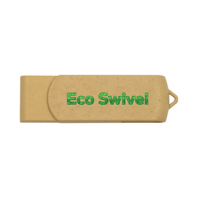 A tan Eco Swivel Flash Drive with a green logo, featuring a swivel mechanism for easy access.