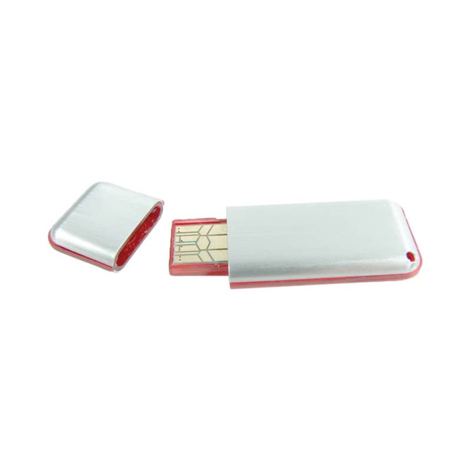 An aluminium slim drive in silver and red, featuring a removable cap and a USB connector.