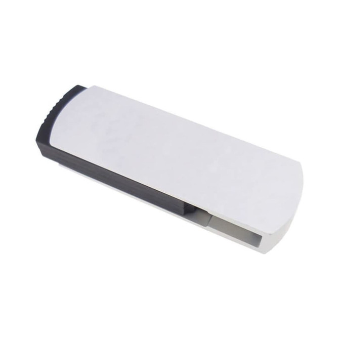 A Pentagon Swivel Flash Drive in black and white, featuring a sleek, rectangular design with a branding logo.