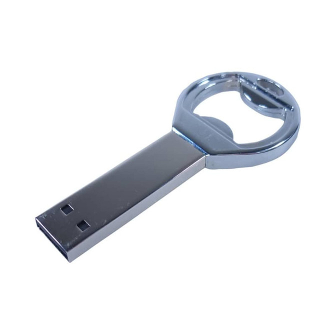A silver USB flash drive designed as a bottle opener, featuring a circular handle.