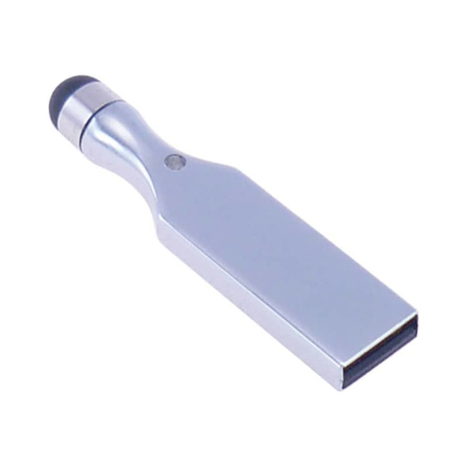 A shiny silver stylus USB drive with a rounded tip and a logo on the side.