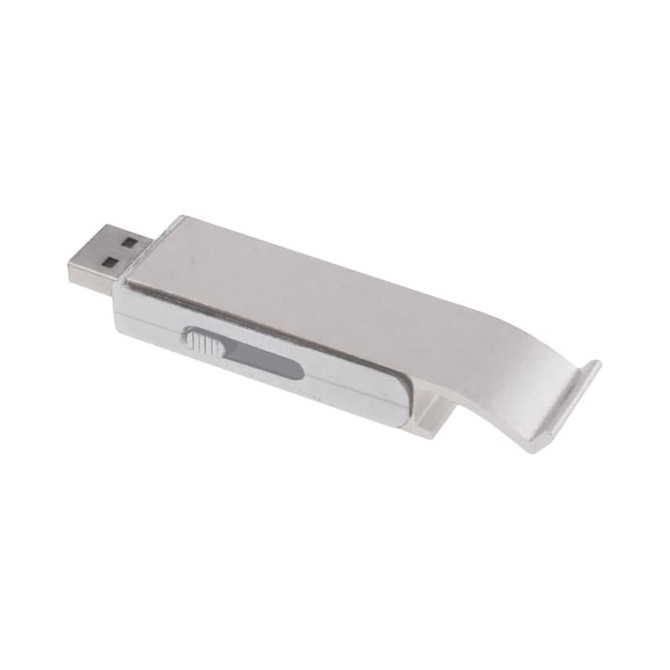 A silver bottle opener with a built-in flash drive, featuring a sliding mechanism for USB connection.