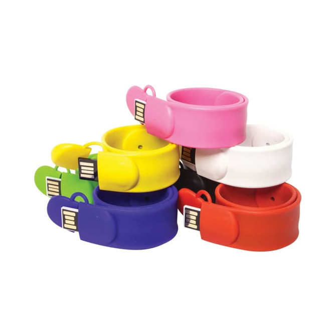 A collection of colourful silicone USB flash drives in pink, white, red, green, yellow, and blue. Each has a distinctive design.