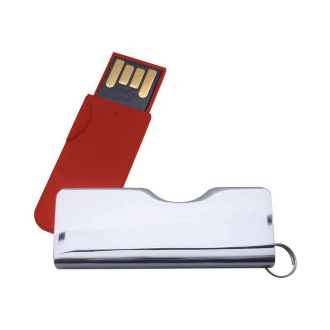 A shiny silver flash drive with a red case, featuring a loop for attachment and gold connectors.