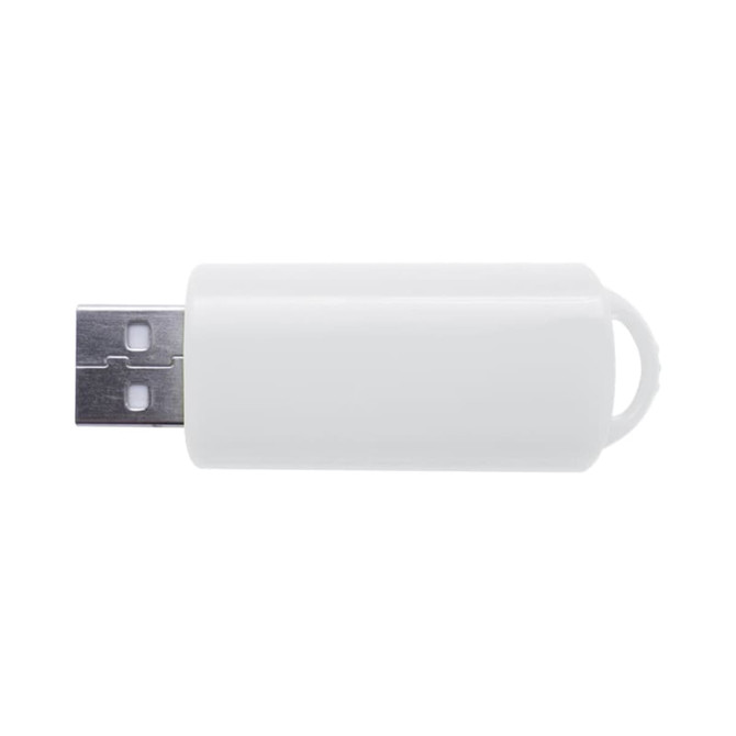 A white flash drive with a metallic connector and a loop at one end, featuring a logo.