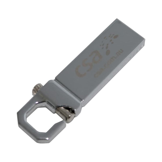 A grey Orion Flash Drive with a metal clip attachment. It features a logo on the side.
