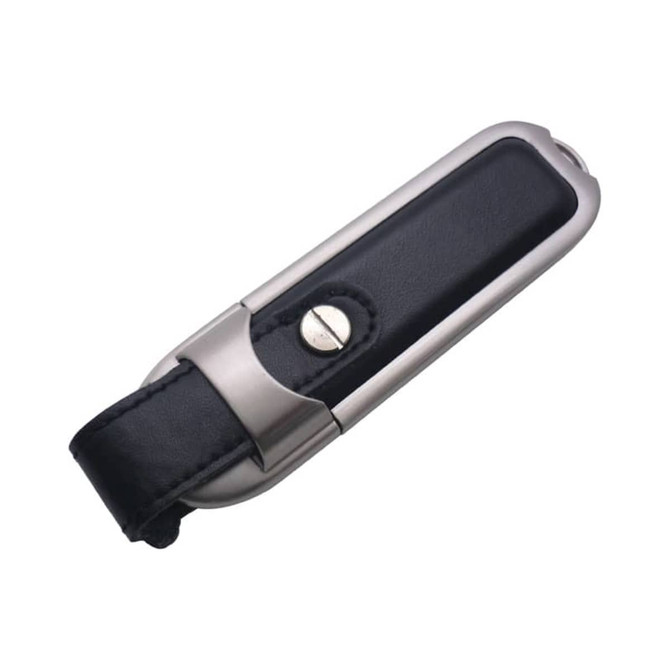 A sleek metal and black leather flash drive featuring a button and rounded edges, with a minimalistic design.