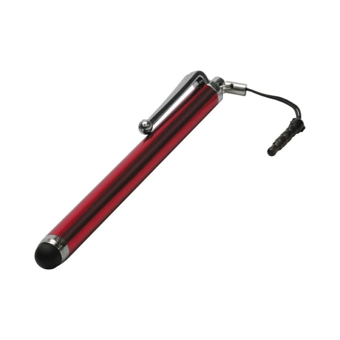A red stylus pen with a silver clip and a black rubber tip, featuring a small attachment cord.