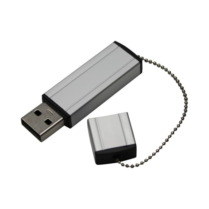 A silver flash drive with a metallic design and a protective cap attached by a chain.