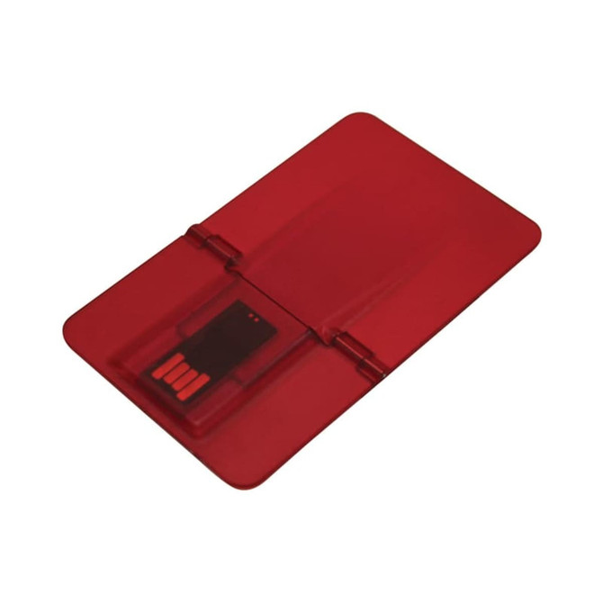 A red, credit card-sized flash drive with a sliding mechanism and a small USB connector. It includes a logo.