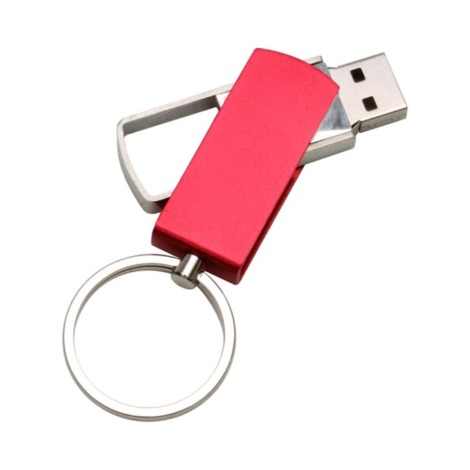 A red flash drive with a silver keyring attachment, featuring a sleek, retractable design.