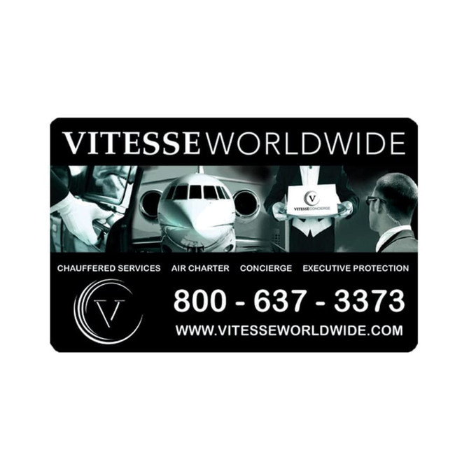 A black promotional card featuring images related to air travel and services, with a logo and contact details.