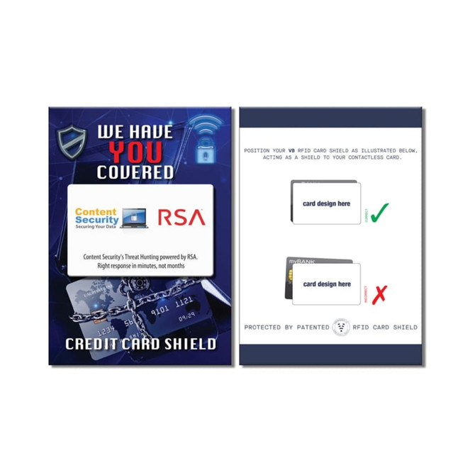 A RFID card shield in a multi-coloured packaging with illustrations and a logo.
